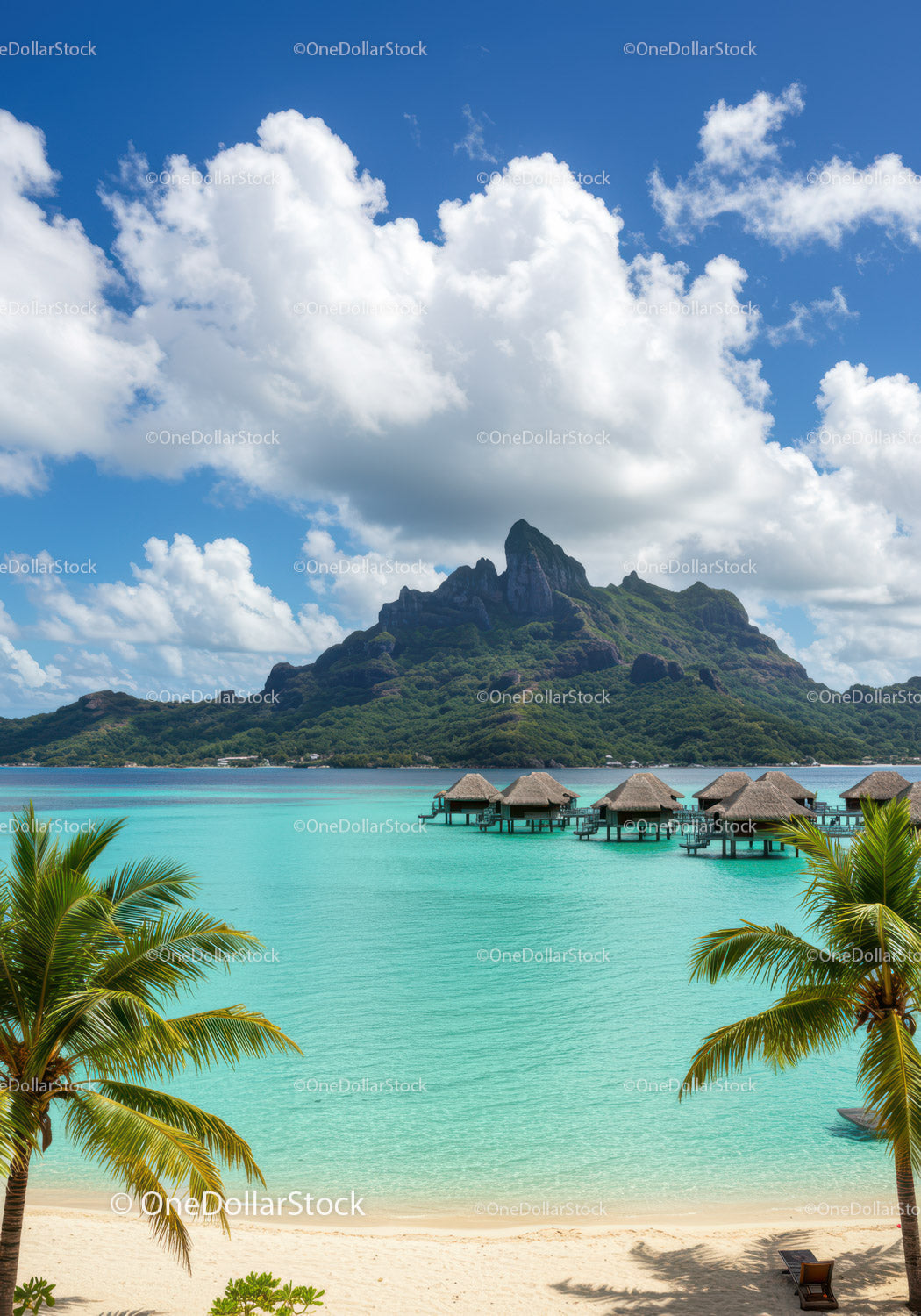 Tropical Island with Overwater Bungalows and Lush Mountain Backdrop
