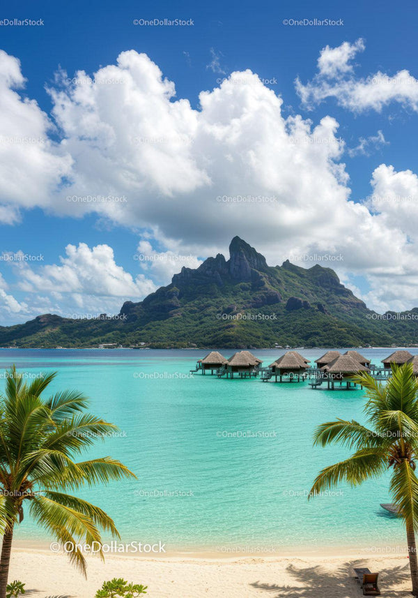Tropical Island with Overwater Bungalows and Lush Mountain Backdrop