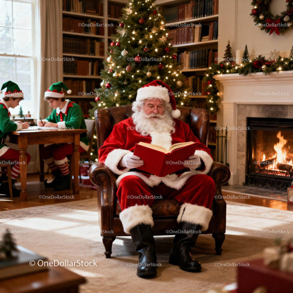 Santa Claus Reading by Fireplace with Elf Helpers