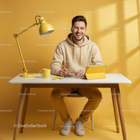 Smiling Man in Casual Attire at Modern Yellow Workspace