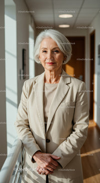 Elegant Senior Woman in White Blazer Smiling in Modern Office Setting