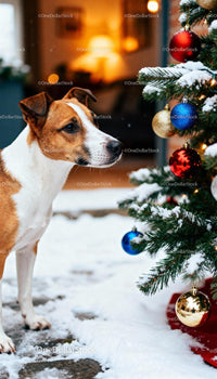 Curious dog exploring snowy Christmas tree outdoors
