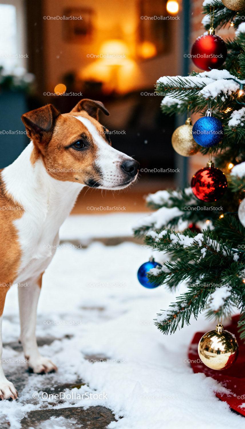 Curious dog exploring snowy Christmas tree outdoors