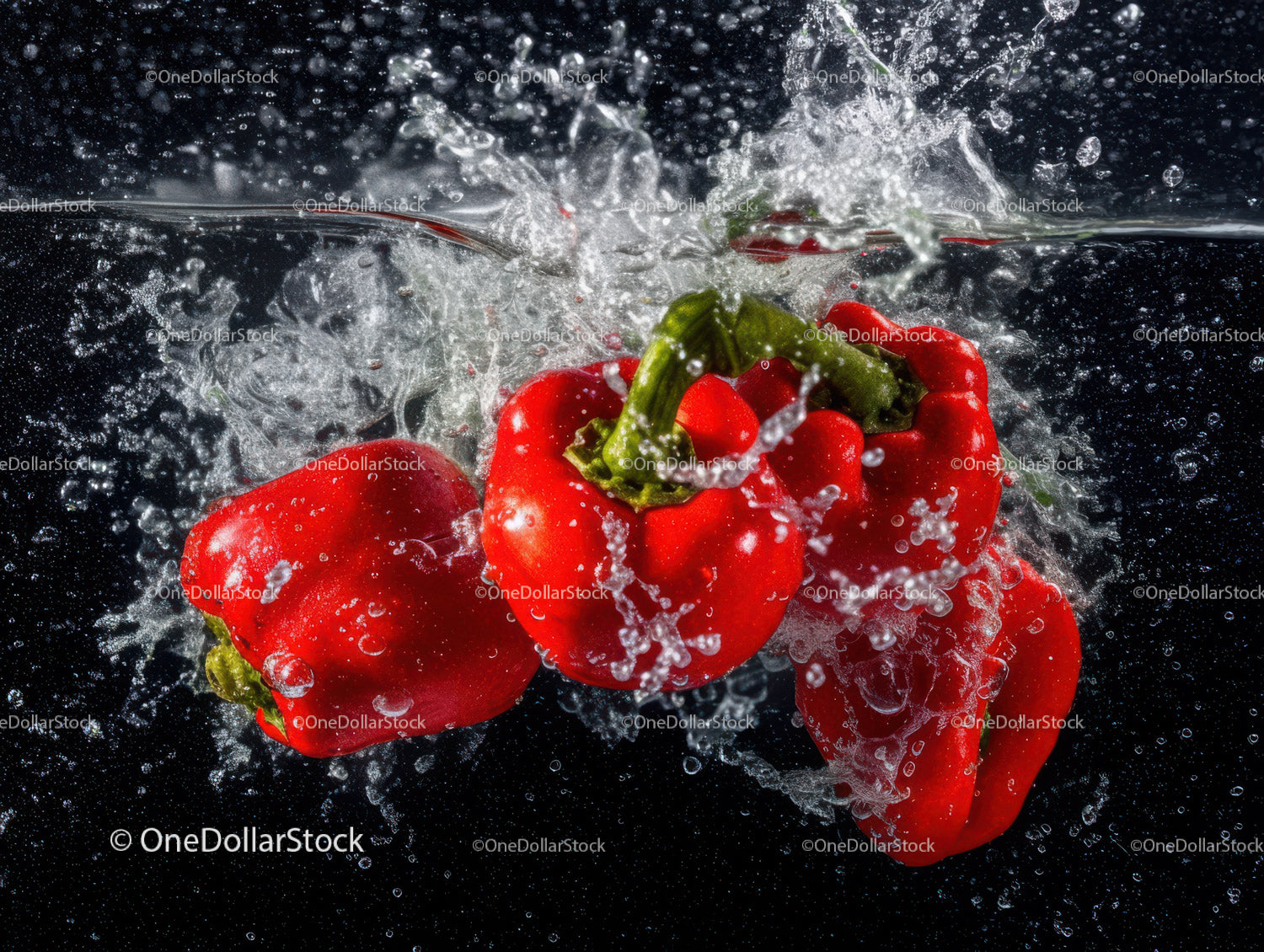 Red Bell Peppers in Water Splash for Fresh Produce and Healthy Eating
