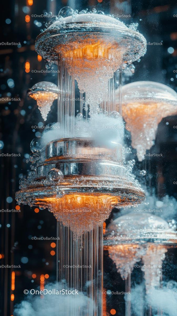 Futuristic Water Fountain Sculpture with Orange Lights and Reflection