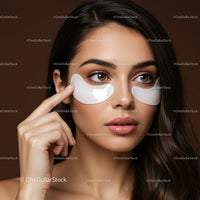 Beautiful woman with eye patches applying skincare treatment