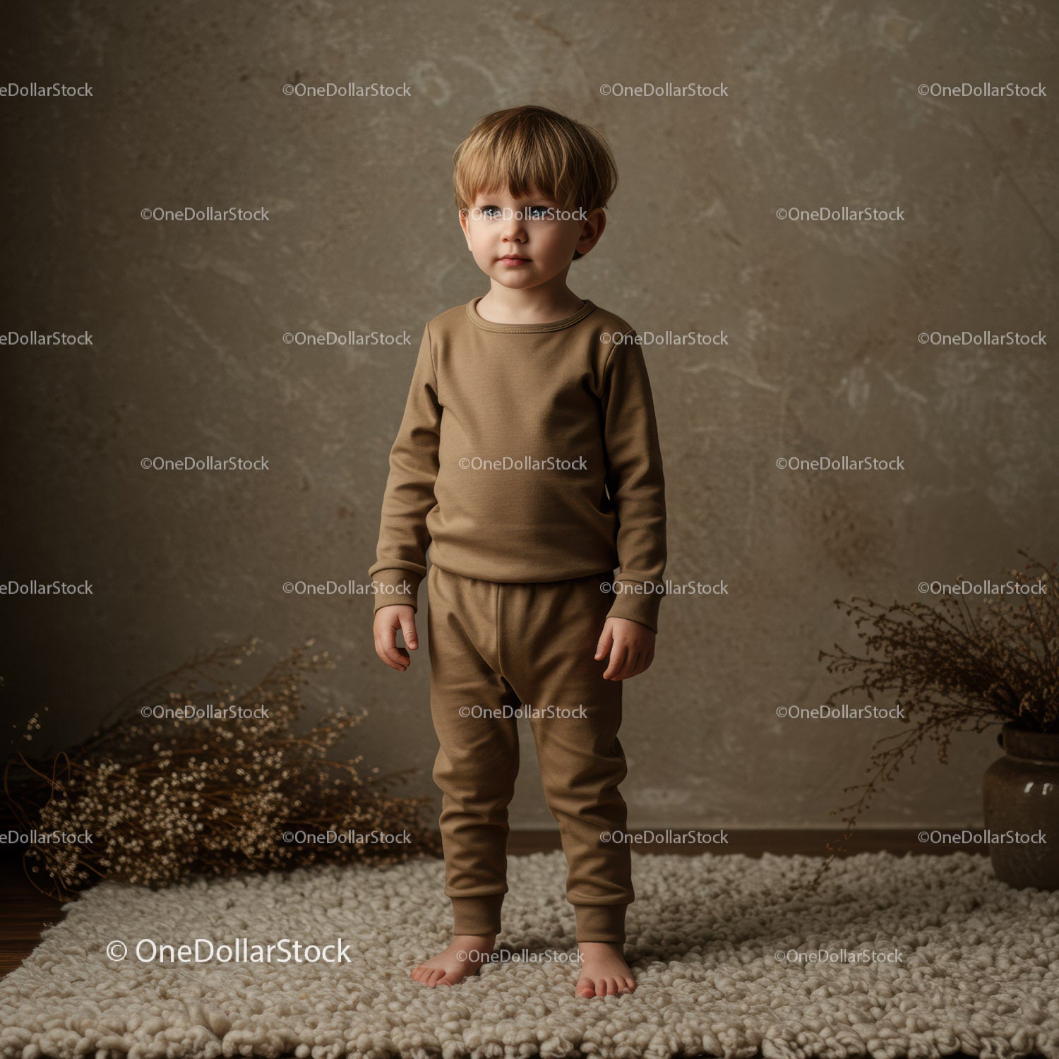 Toddler boy standing barefoot on soft rug indoors