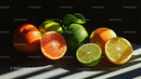 Vibrant Citrus Fruits Sliced with Fresh Green Leaves on Dark Background