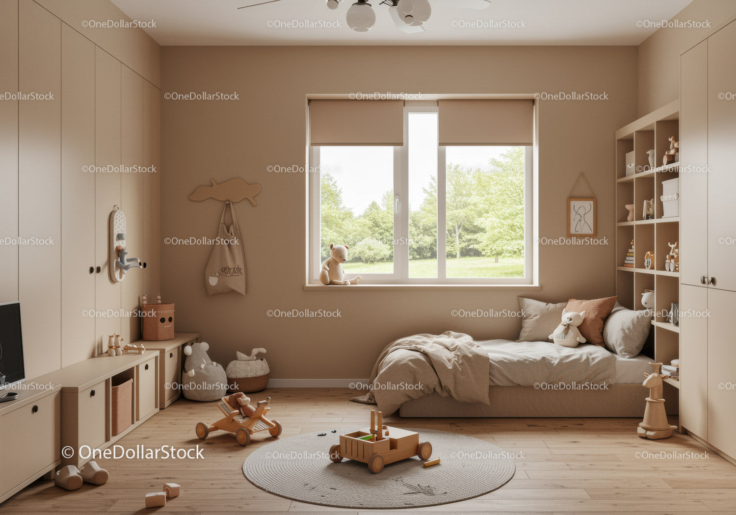 Cozy Children's Bedroom with Neutral Tones and Wooden Furniture