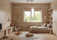 Cozy Children's Bedroom with Neutral Tones and Wooden Furniture