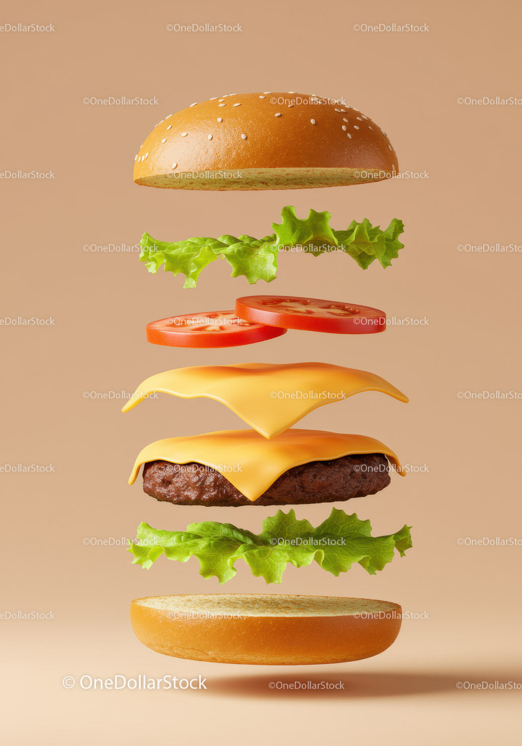 Deconstructed cheeseburger with fresh ingredients floating