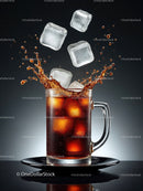 Refreshing beverage with ice cubes splashing in glass mug