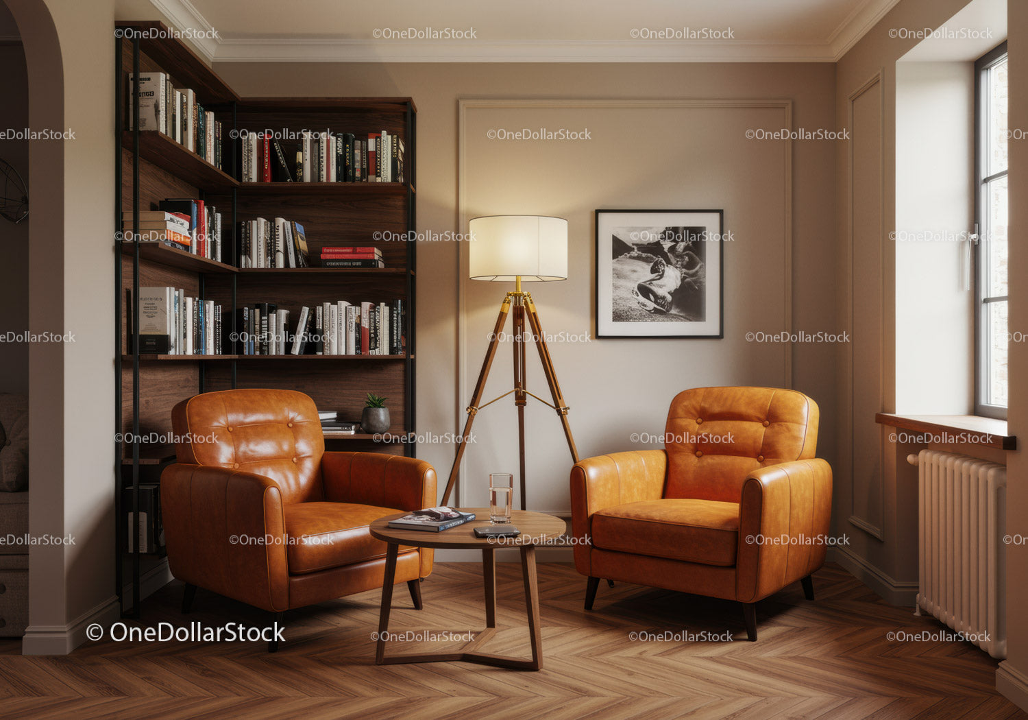Cozy Reading Nook with Leather Armchairs and Wood Bookcase