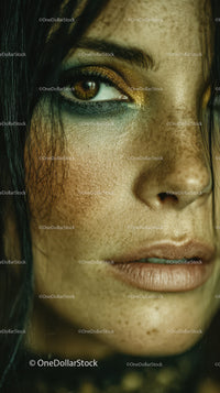 Close-Up of Woman with Golden Eye Makeup and Freckles