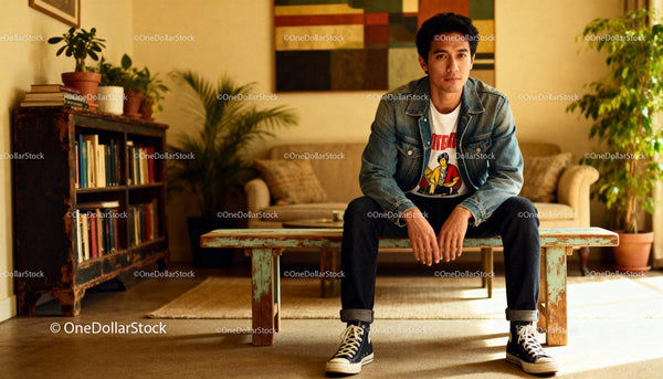Young man in denim jacket sitting on rustic bench indoors