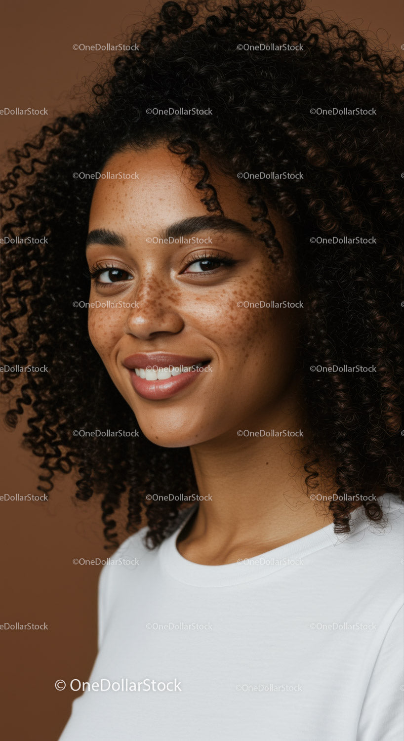 Beautiful Smiling Woman with Curly Hair and Freckles Portrait