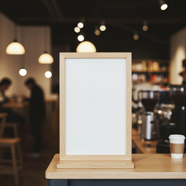 Blank Wooden Frame On Coffee Shop Counter with Warm Lighting JPG Mockup Image