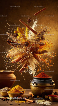 Assorted spices exploding over rustic kitchen table