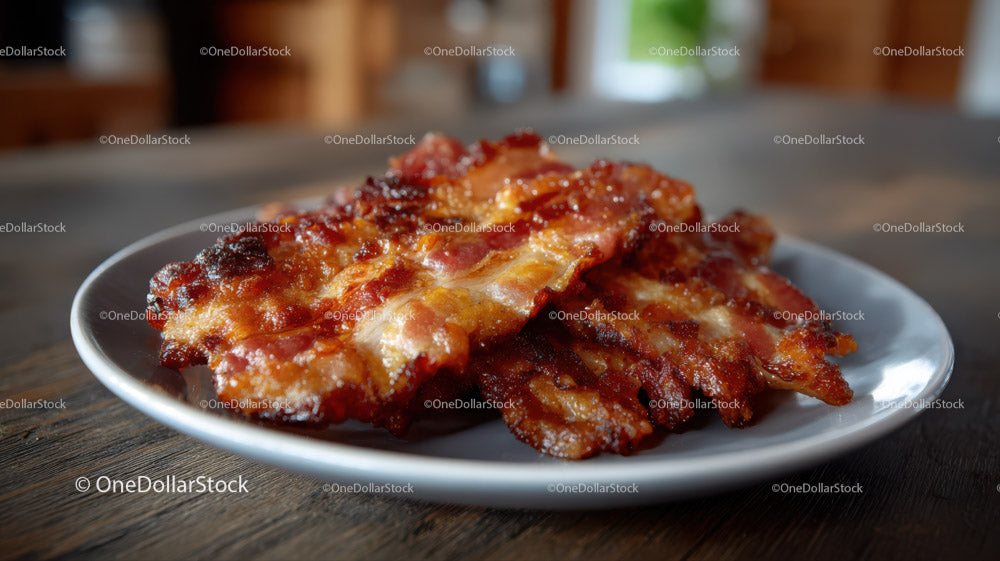 Crispy Bacon Strips on White Plate for Breakfast or Snack