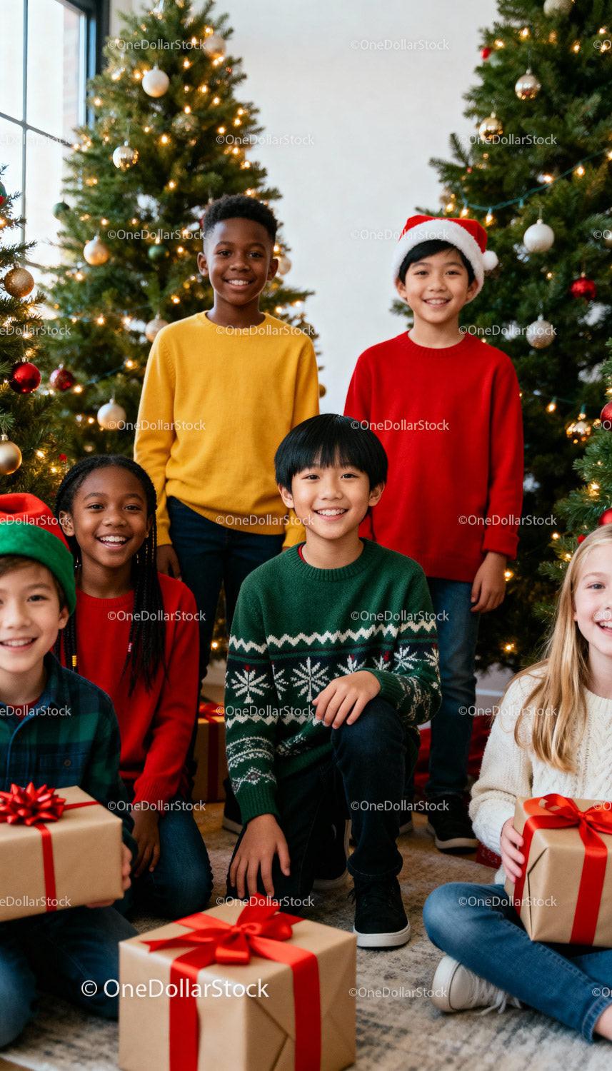 Diverse children celebrating Christmas with gifts and joy