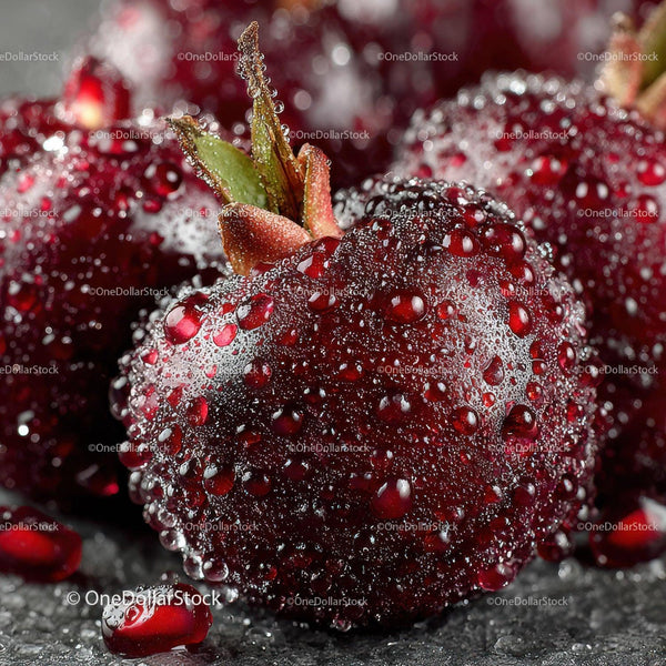 Close-up of Ripe Red Strawberry with Dew Drops and Water Spray