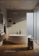 Modern minimalist bathroom with freestanding tub and large frosted window
