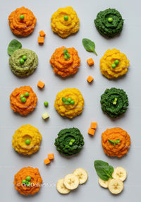 Colorful vegetable and fruit purees arranged on white background
