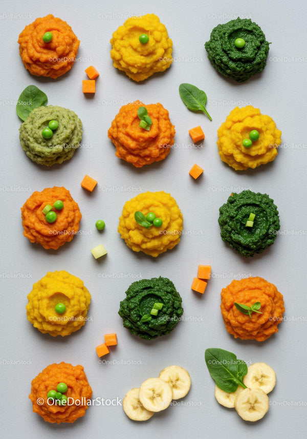 Colorful vegetable and fruit purees arranged on white background