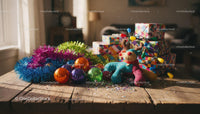 Colorful Christmas decorations and gifts on wooden table