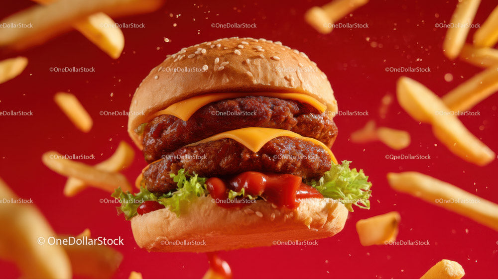 Delicious Fast Food Cheeseburger with Fried Chicken Patties and Fries