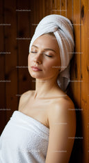 Relaxing Spa Woman with Towel and Hair Wrap for Wellness and Self Care