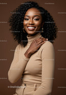 Elegant African American Woman with Curly Hair Wearing Beige Turtleneck