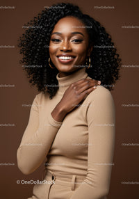 Elegant African American Woman with Curly Hair Wearing Beige Turtleneck