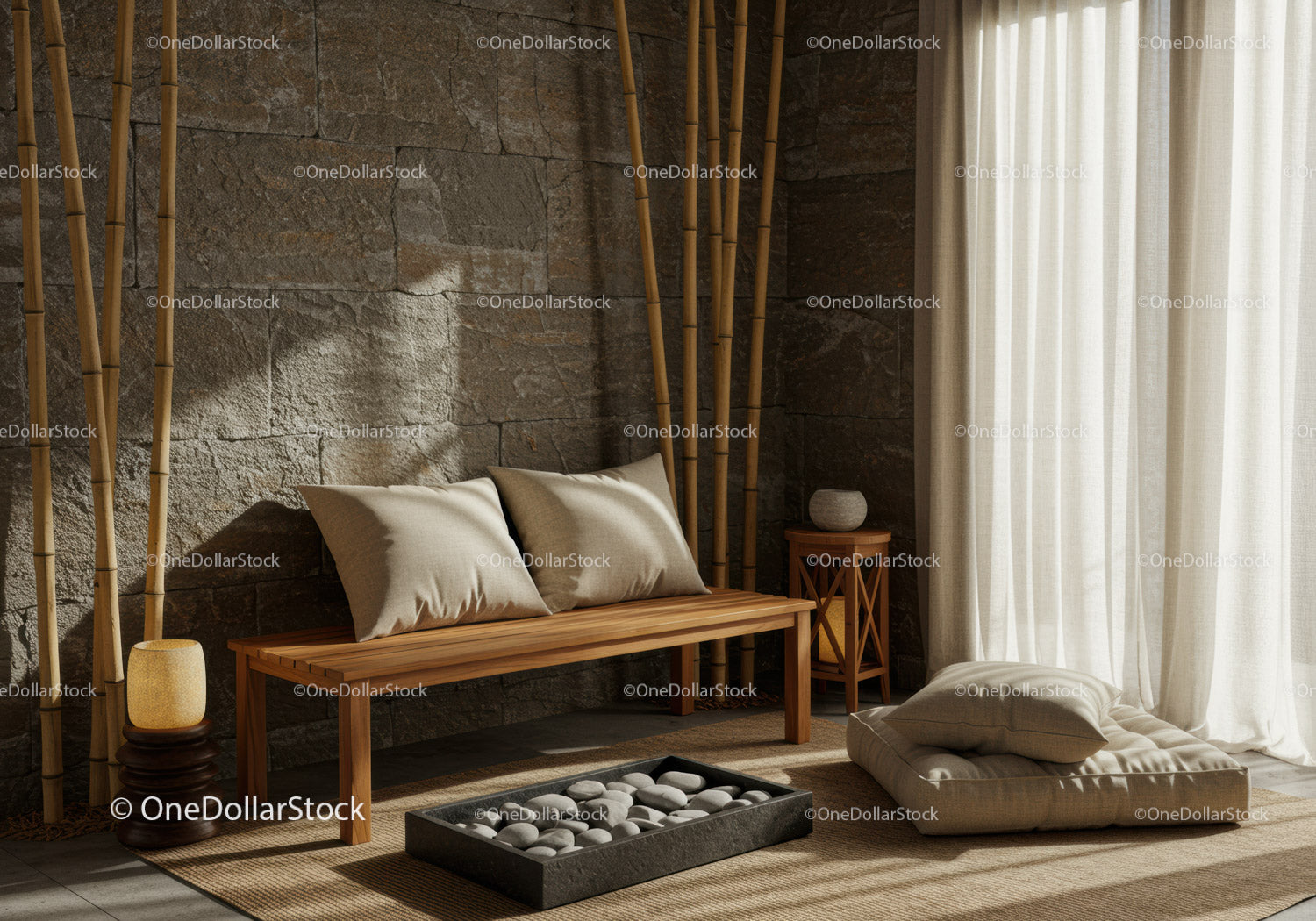 Minimalistyczny salon w stylu zen z naturalnymi fakturami