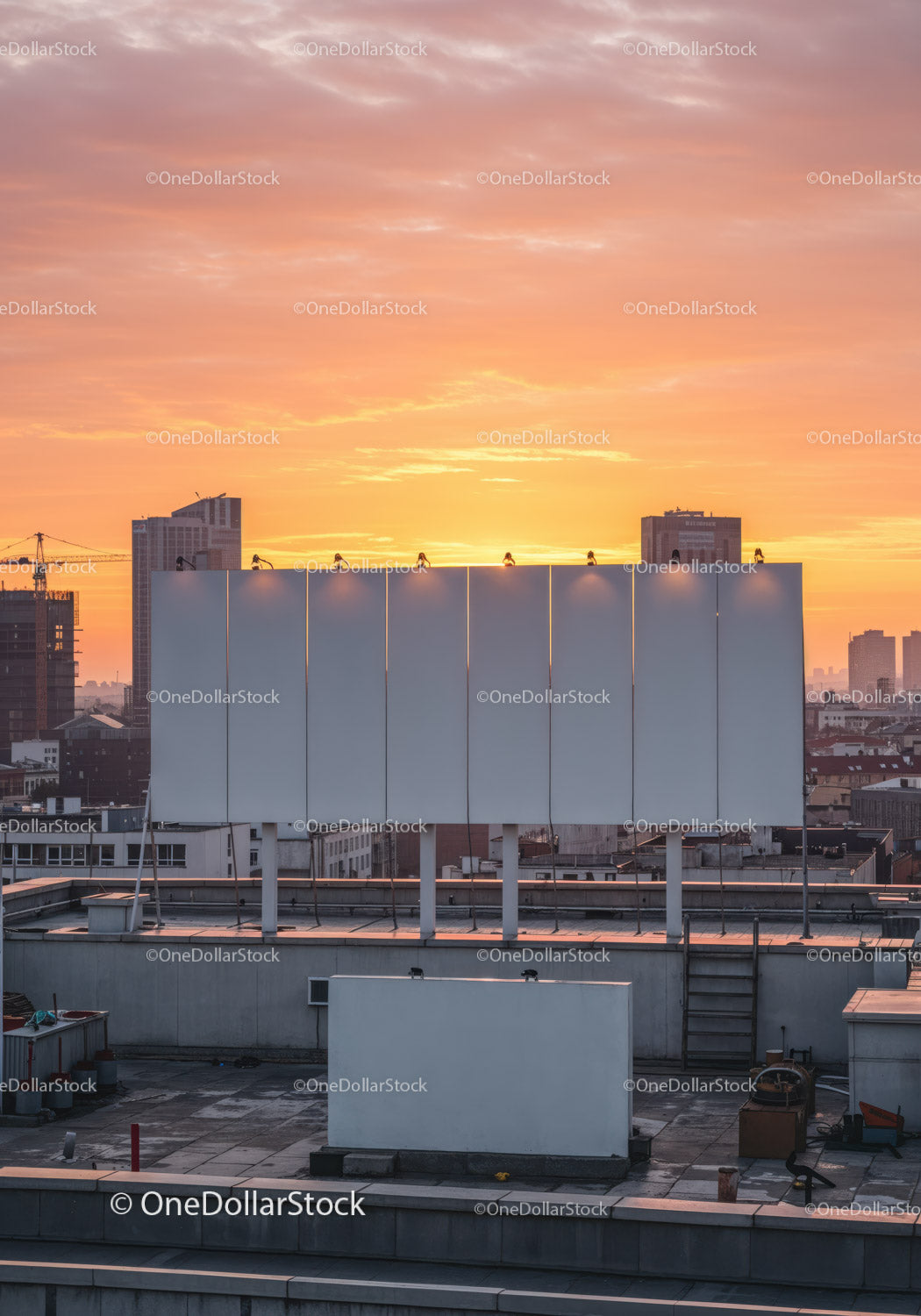 Urban Rooftop Scene Against Vibrant Sunset Sky