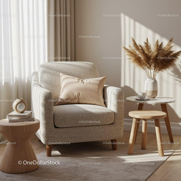 Cozy neutral armchair corner with soft lighting