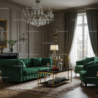 Elegant green velvet living room with chandelier and art