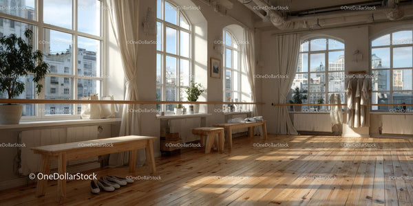 Bright Modern Studio with Large Windows and Wooden Floor