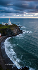 Scenic Coastal Lighthouse with Dramatic Stormy Sky and Ocean Waves