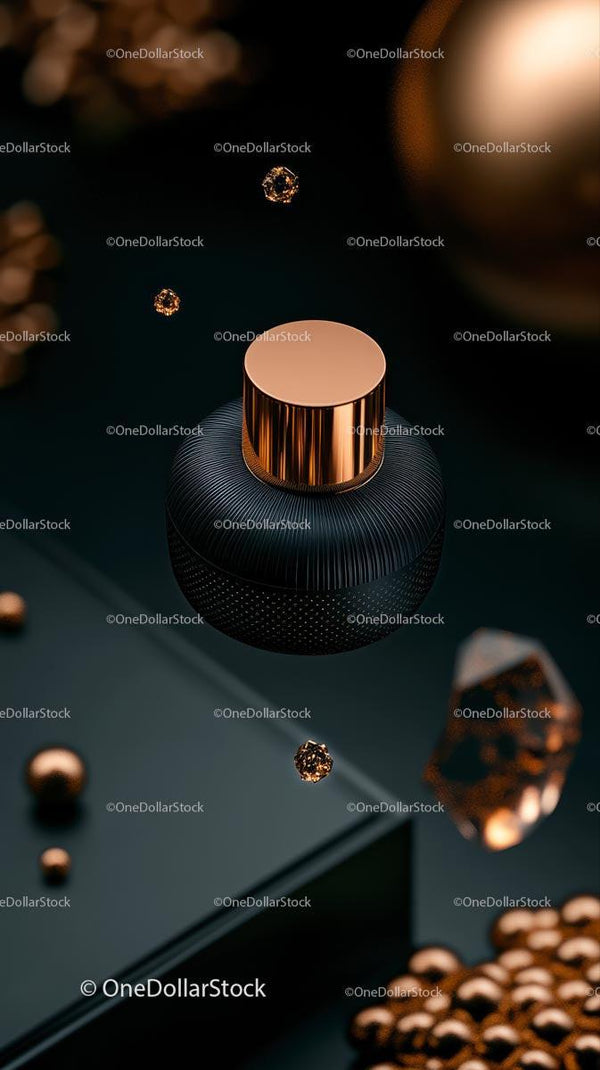 Elegancka butelka perfumu w kolorze różowego złota z unoszącymi się złotymi cząsteczkami
