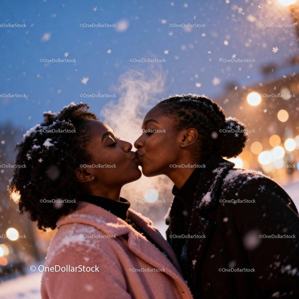 Couple sharing a tender kiss in snowy winter evening