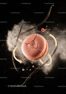 Cracked pink macaron surrounded by vanilla pods and powder