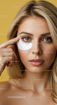 Young Woman with Blue Eyes Applying Eye Patches for Skincare
