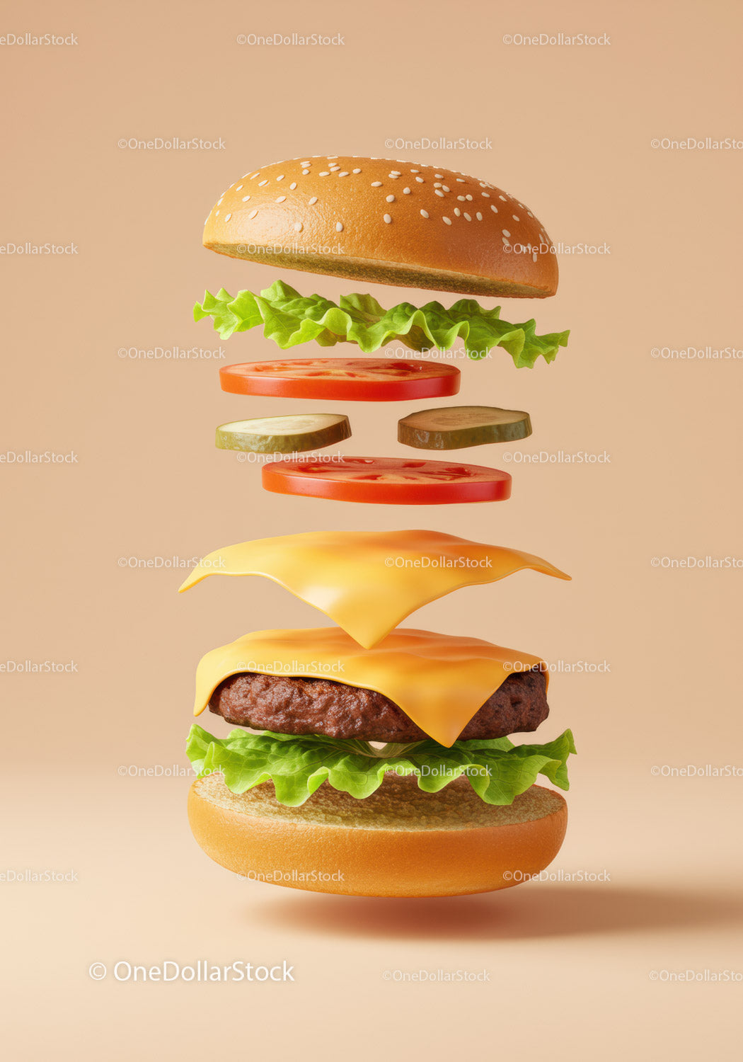 Deconstructed cheeseburger ingredients floating on beige background