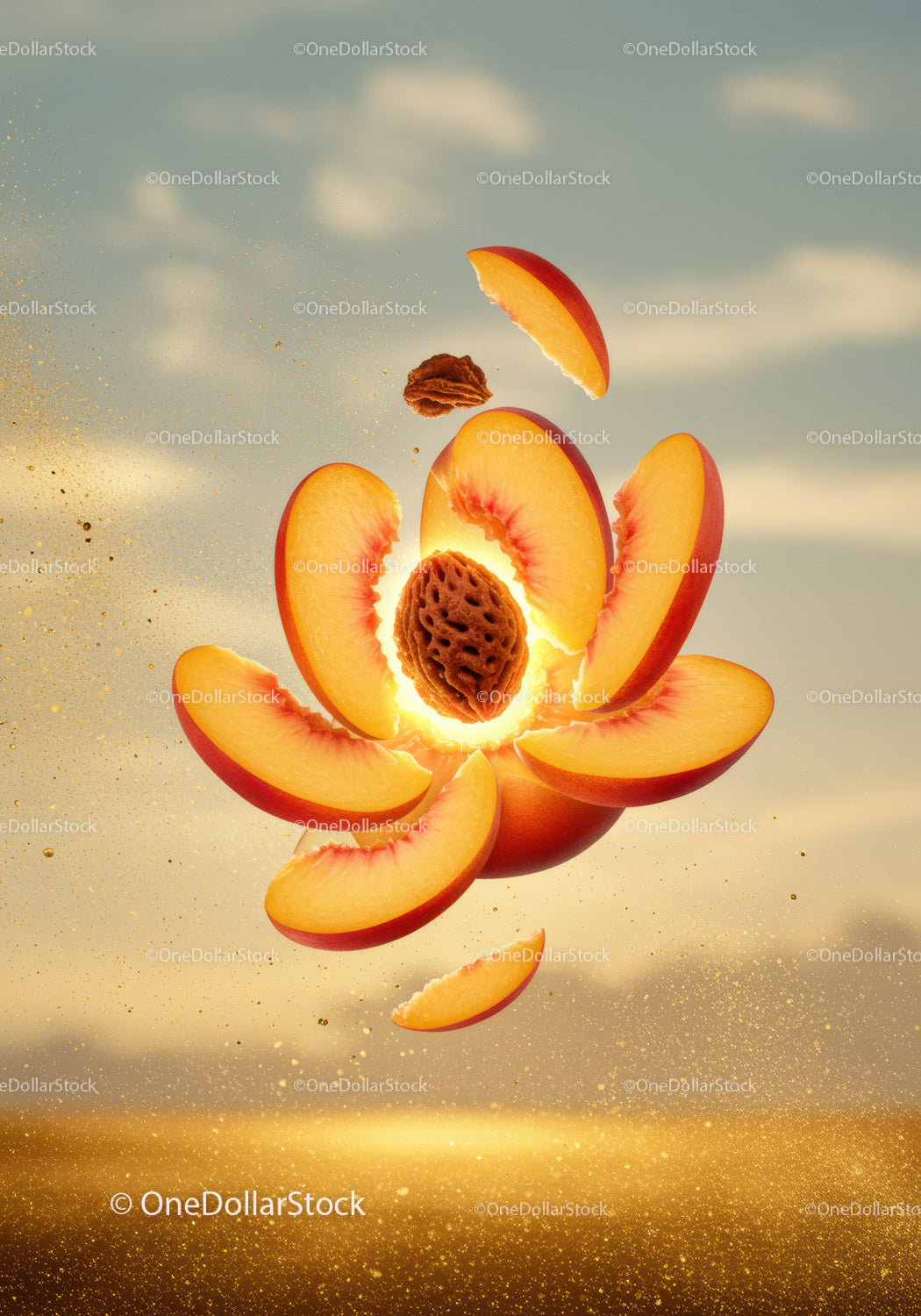 Floating Sliced Peach with Stone in Soft Light