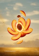 Floating Sliced Peach with Stone in Soft Light