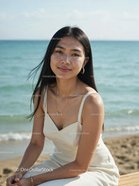 Elegant Woman in White Dress Sitting by Relaxing Seaside Landscape