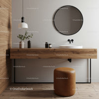 Modern Bathroom with Wooden Vanity and Round Mirror in Minimalist Style