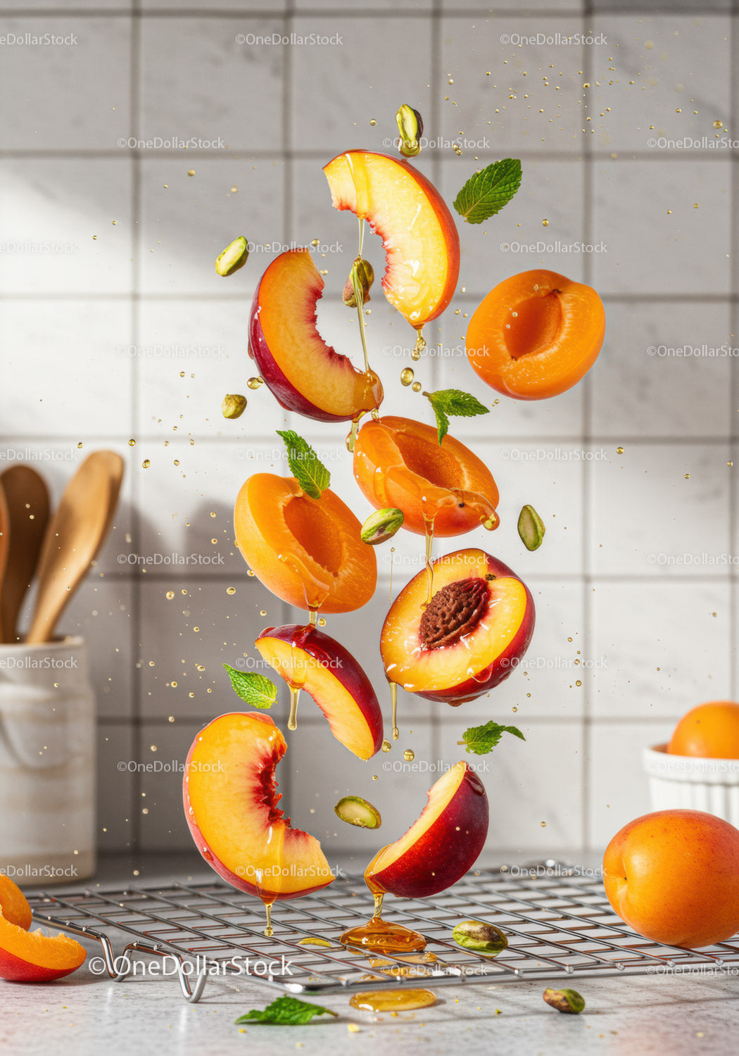 Fresh peach and apricot slices with honey drizzle