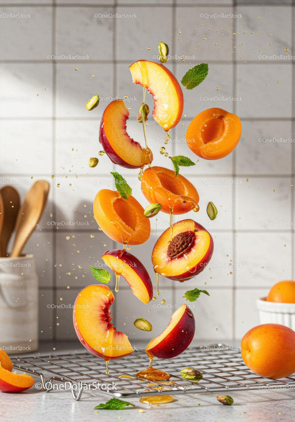Fresh peach and apricot slices with honey drizzle